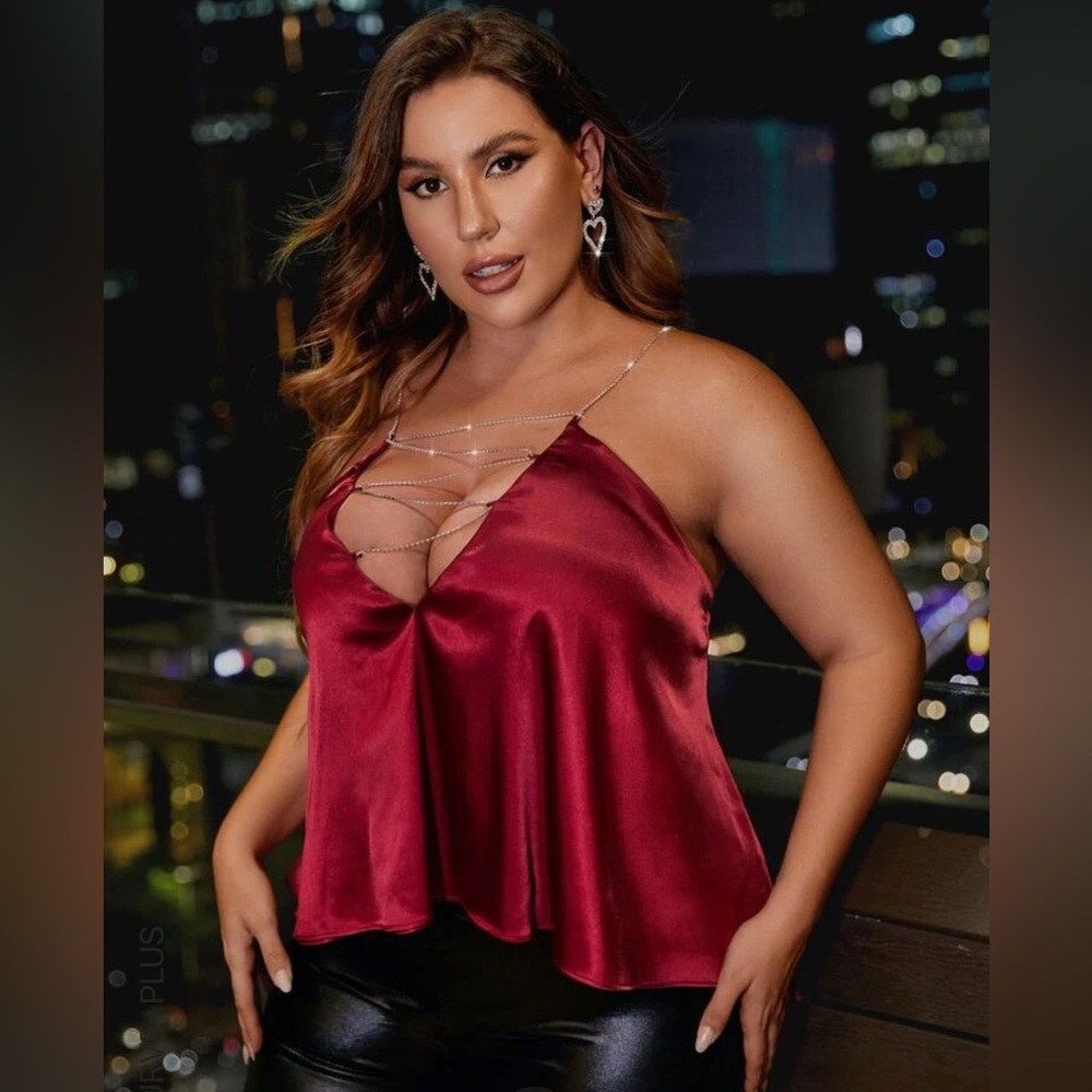 Shein plus chain detail backless satin halter top
